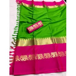 Vivacious Green And Pink Color Cotton Designer Silk Saree 