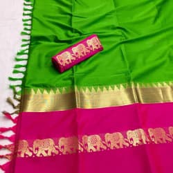 Vivacious Green And Pink Color Cotton Designer Silk Saree 
