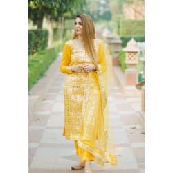 Flawless Yellow Color Embroidered Georgette Designer Top Plazzo Dupatta Set