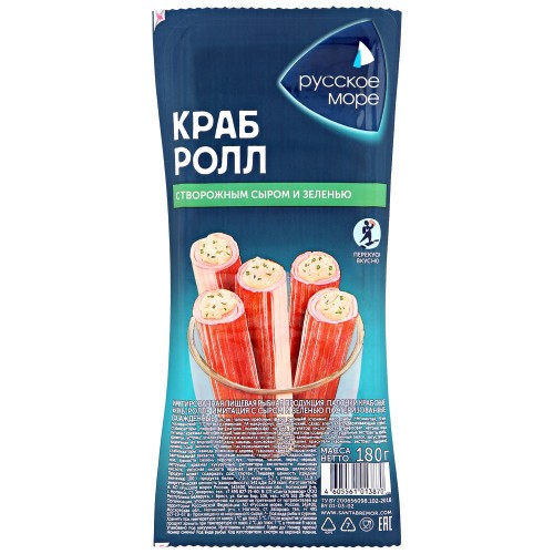 Крабовые палочки "РУССКОЕ МОРЕ" Краб ролл с творож.сыром и зеленью 180 гр. уп.