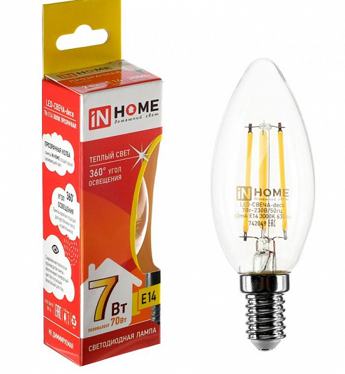 Лампа светодиодная "IN HOME" LED-свеча-DECO, 7 Вт, Е14, 3000 К, C37, 630 Лм, тепл. бел., прозр. 2900466
