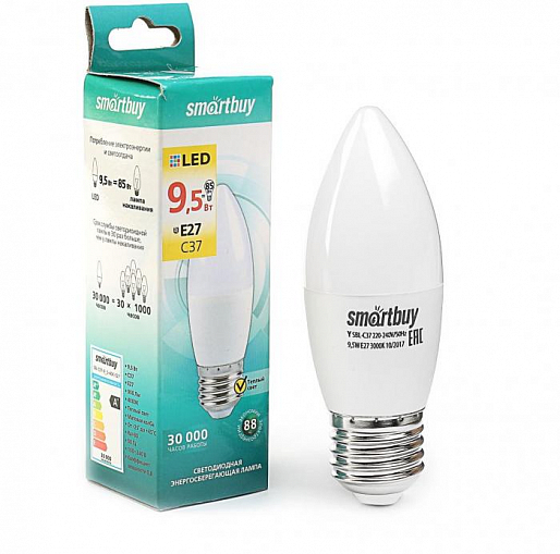 Лампа светодиодная "SMARTBUY" C37, Е27, 9.5Вт, 3000К, теплый бел. 3804016