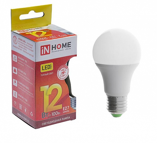 Лампа "IN HOME" светодиодн. LED-A60-VC, Е27, 12Вт, 230В, 3000К, 1080Лм 4407592