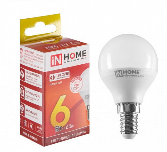 Лампа "IN HOME" светодиодн. LED-шар-VC, 6Вт, E14, G45, 540Лм, 3000К, теплый бел. 4407622