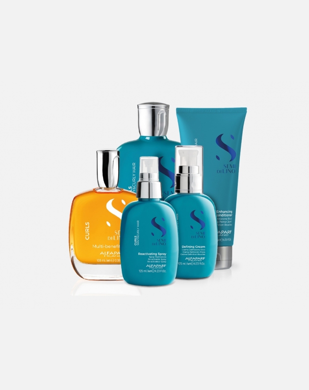 Kit Alfaparf semi di lino curls COMPLETO per capelli ricci/mossi normali - shampoo + conditioner + olio idratante + crema definizione + spray ravvivante
