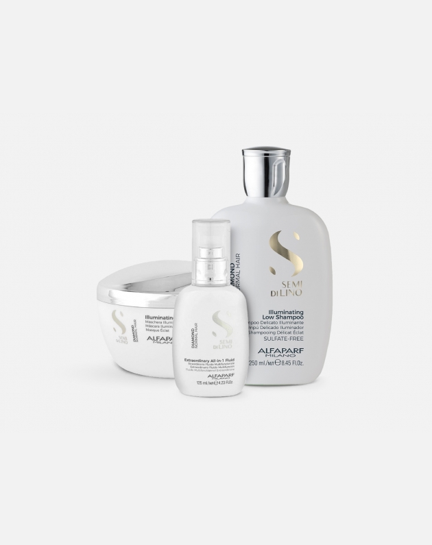 Kit Alfaparf Semi di Lino Diamond Illuminating per capelli spenti e opachi - shampoo + maschera + fluido illuminanti 