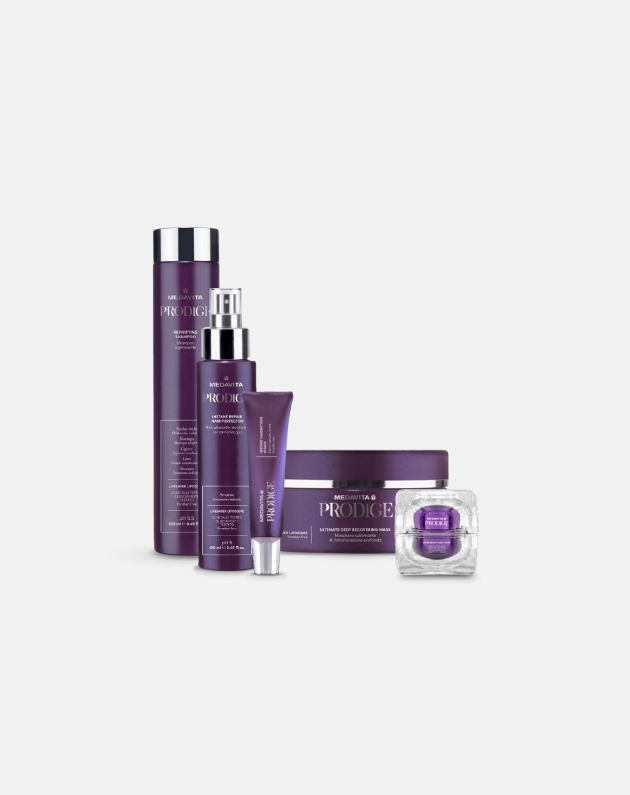 Kit Medavita Prodige rigenerante COMPLETO per capelli danneggiati - Shampoo + Maschera + spray ristrutturante istantaneo + siero ristrutturante + crema di bellezza