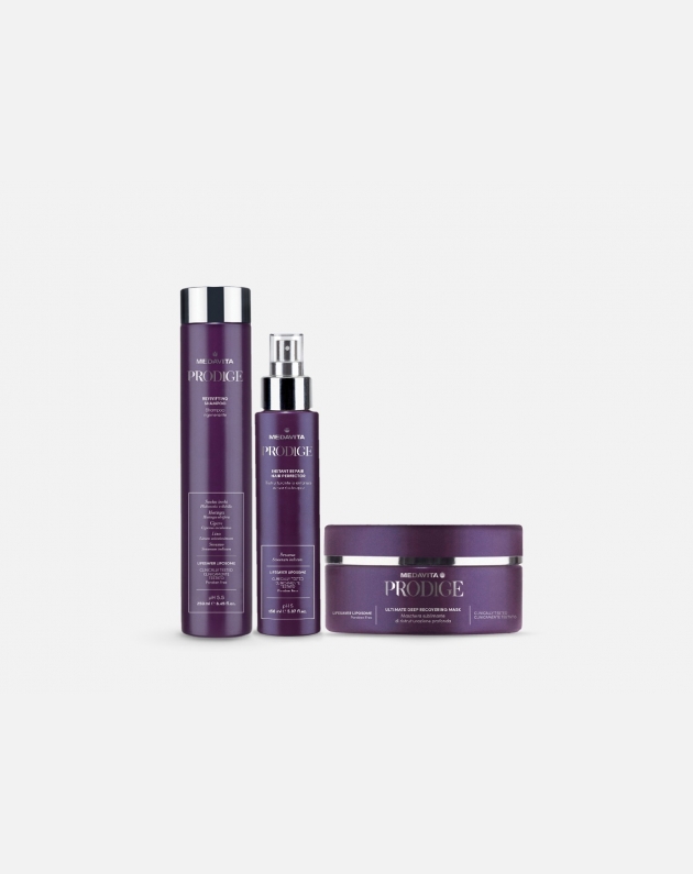 Kit Medavita Prodige rigenerante per capelli danneggiati - Shampoo + Maschera + spray ristrutturante istantaneo 