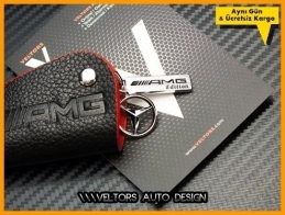 Mercedes 3D Gerçek Deri Kırmızı AMG Logo Amblem Anahtarlık