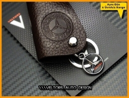 Mercedes Kahverengi Gerçek Deri Logo Amblem Anahtarlık