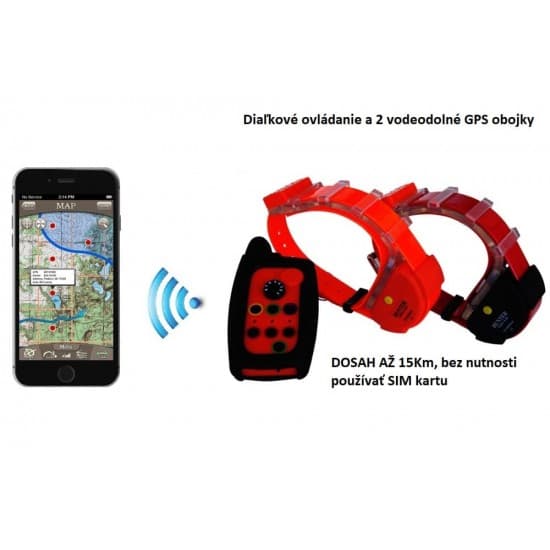 Diaľkové ovládanie a 2 vodeodolné GPS obojky, dosah až 15km, funkčnosť bez SIM karty 