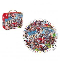 Detské okrúhle puzzle s hrou Požiarnici v kufríku 208 ks