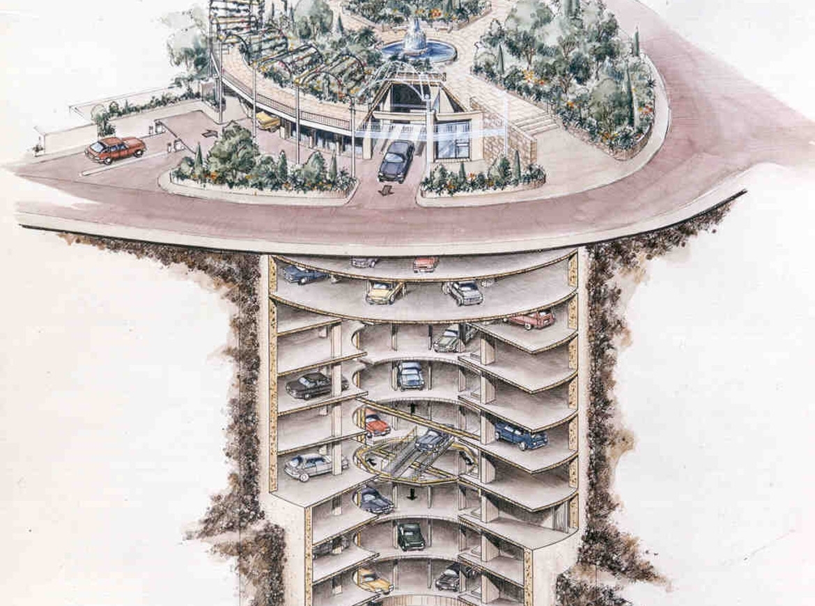 Spaccato illustrativo in sezione del parcheggio automatico sotterraneo circolare TRANSLIFT R.