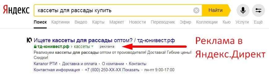 пример объявления контекстной рекламы яндекс директ в поиске