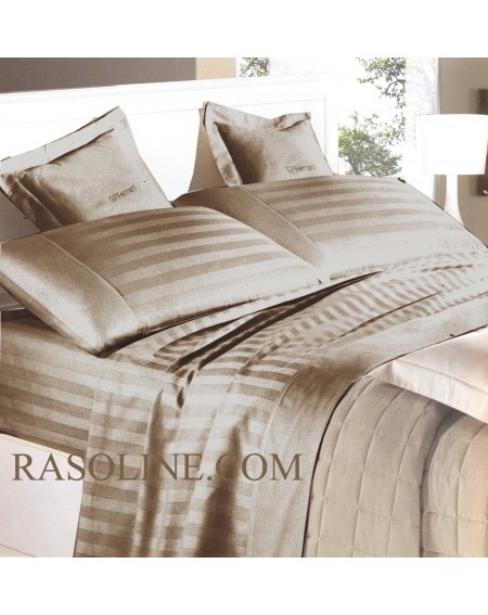 Beige Sheet Set in Pure Cotton Satin with Stipes for King size bed or Super King size bed Italia