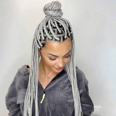 Толстые афрокосички на всю голову, высокий пучок