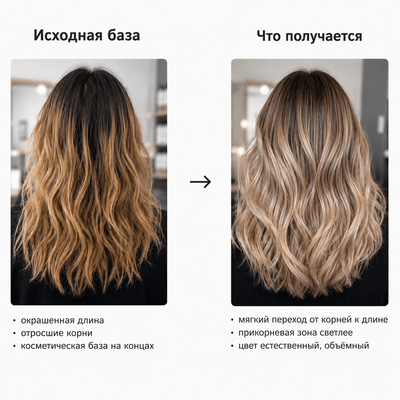 Сравнение исходной базы с отросшими корнями и результата после мягкого блонда с плавным переходом