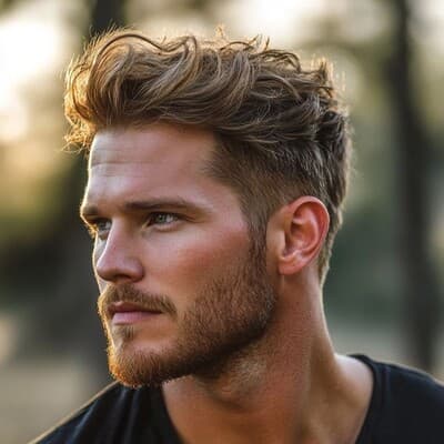 Объёмный Messy Quiff с удлинённой челкой, текстурной укладкой и короткими висками