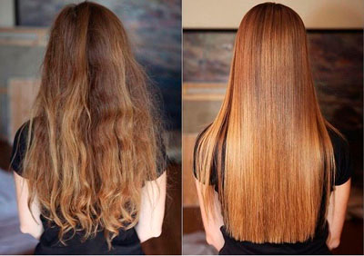 До и после выпрямления волос утюжком