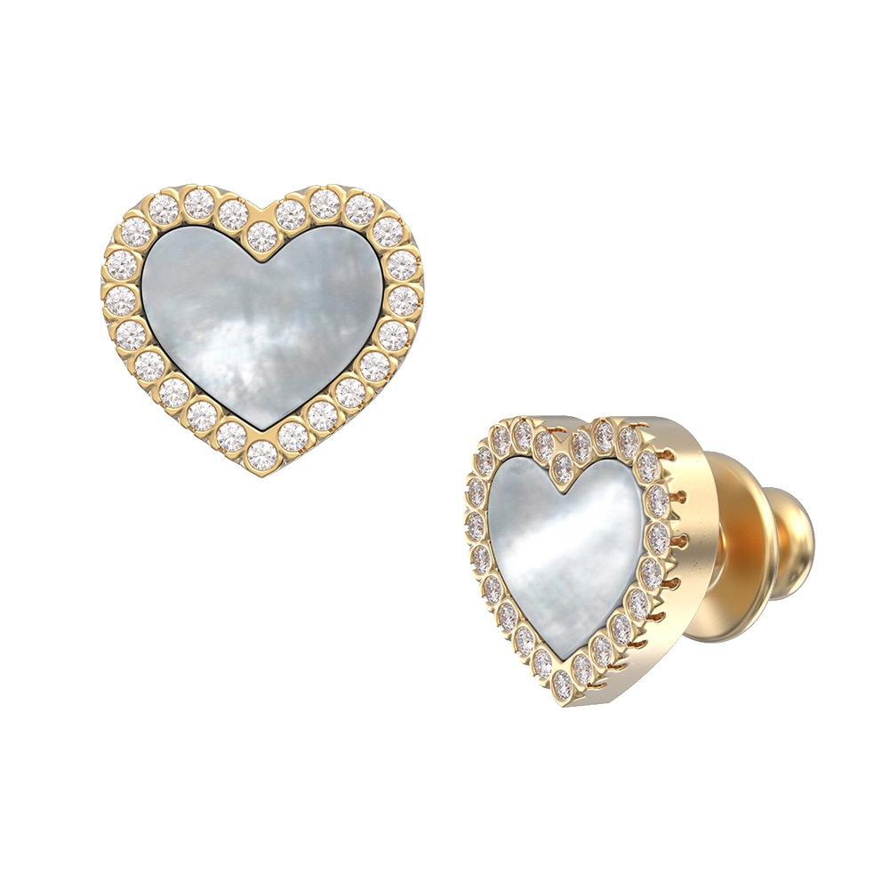 Пусеты «Сердце» с перламутром и бриллиантами из желтого золота 585 пробы — Flymi.ru