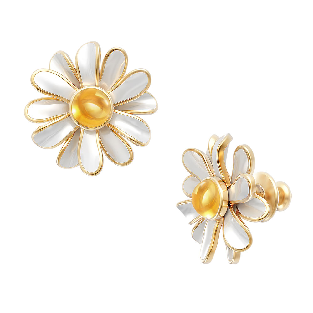 Пусеты «Ромашки» с цитринами из желтого золота 750 пробы — Flymi.ru