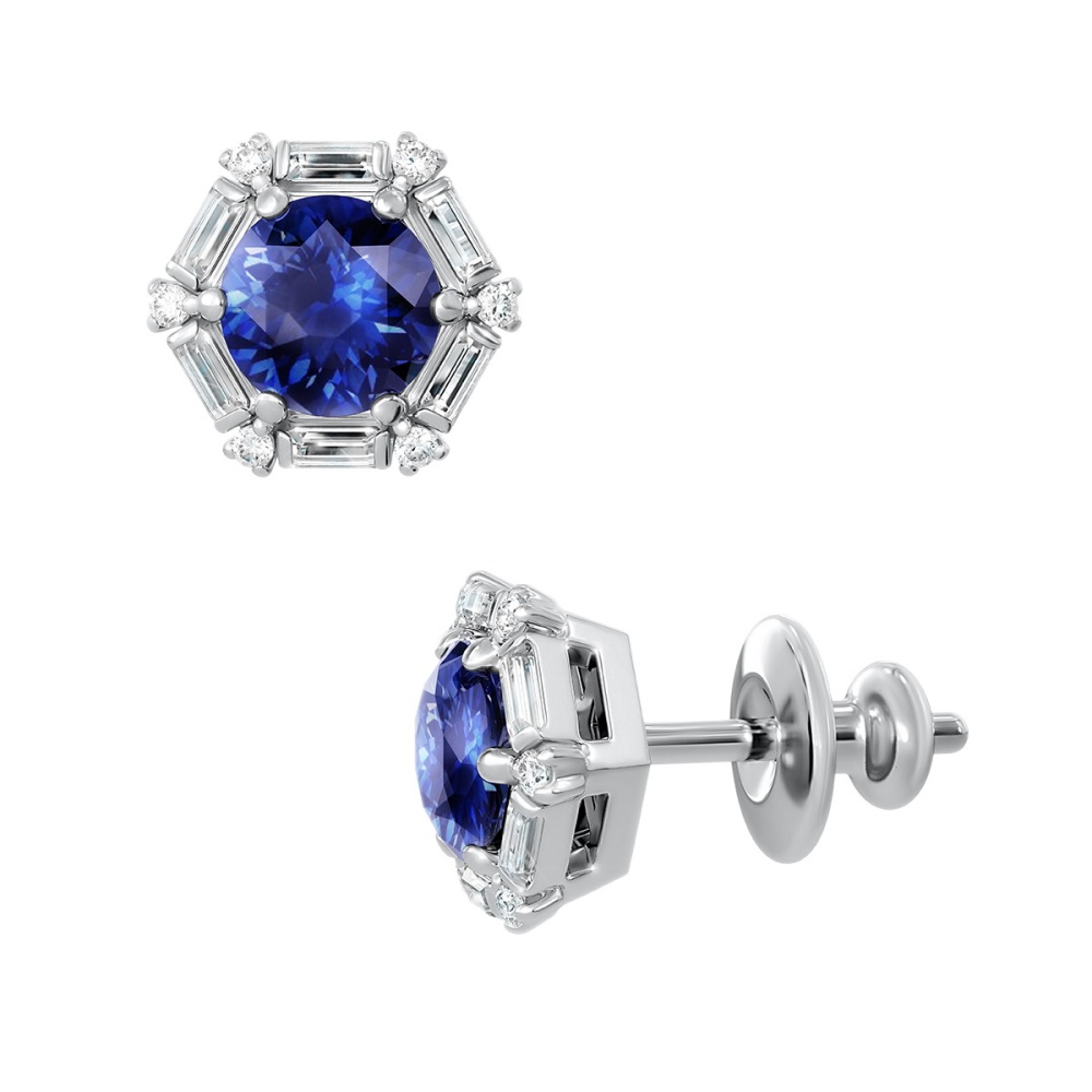 Пусеты «Малинка» с сапфирами и бриллиантами из белого золота 585 пробы — Flymi.ru