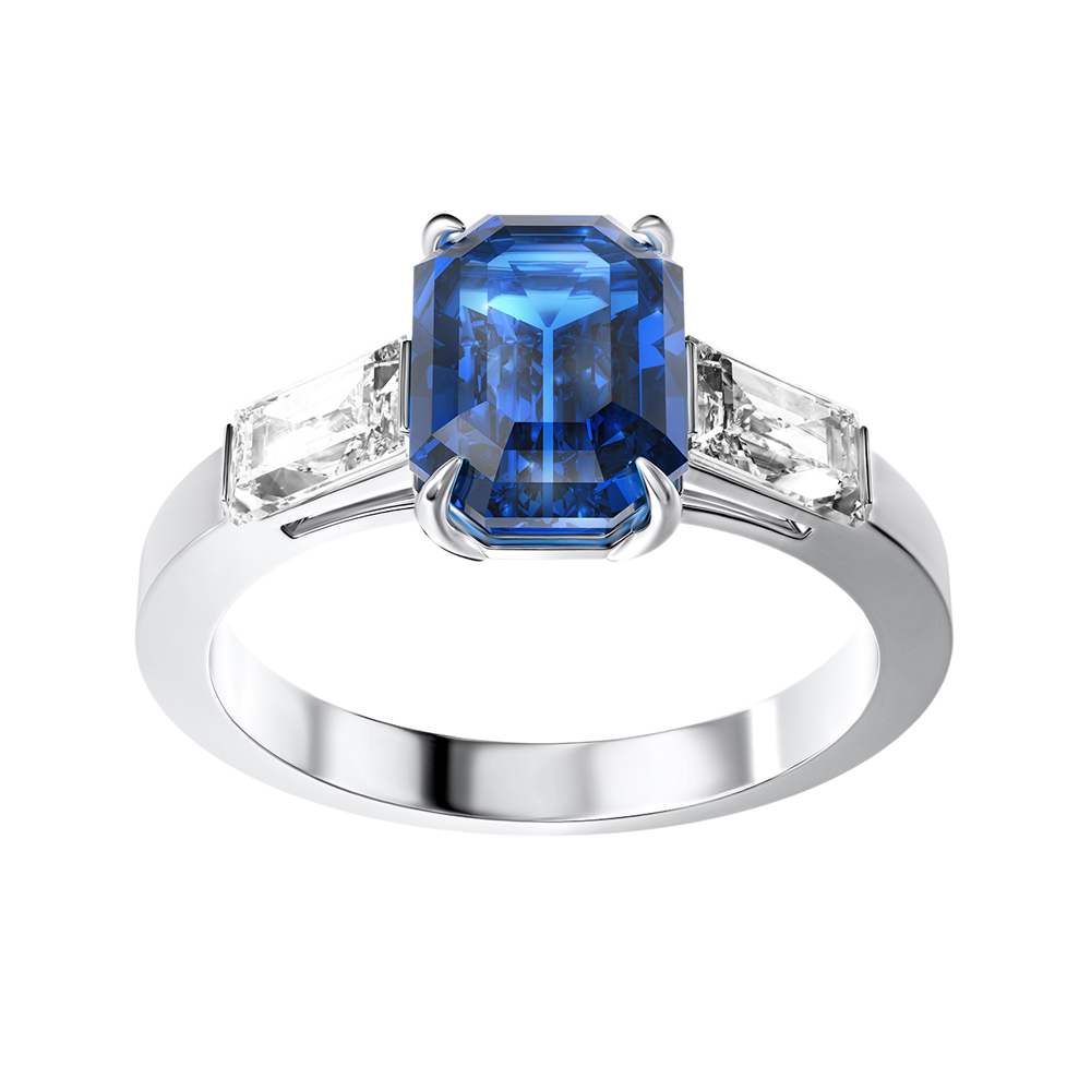 Кольцо огранка «Октагон» с сапфиром и бриллиантами из белого золота 750 пробы — Flymi.ru