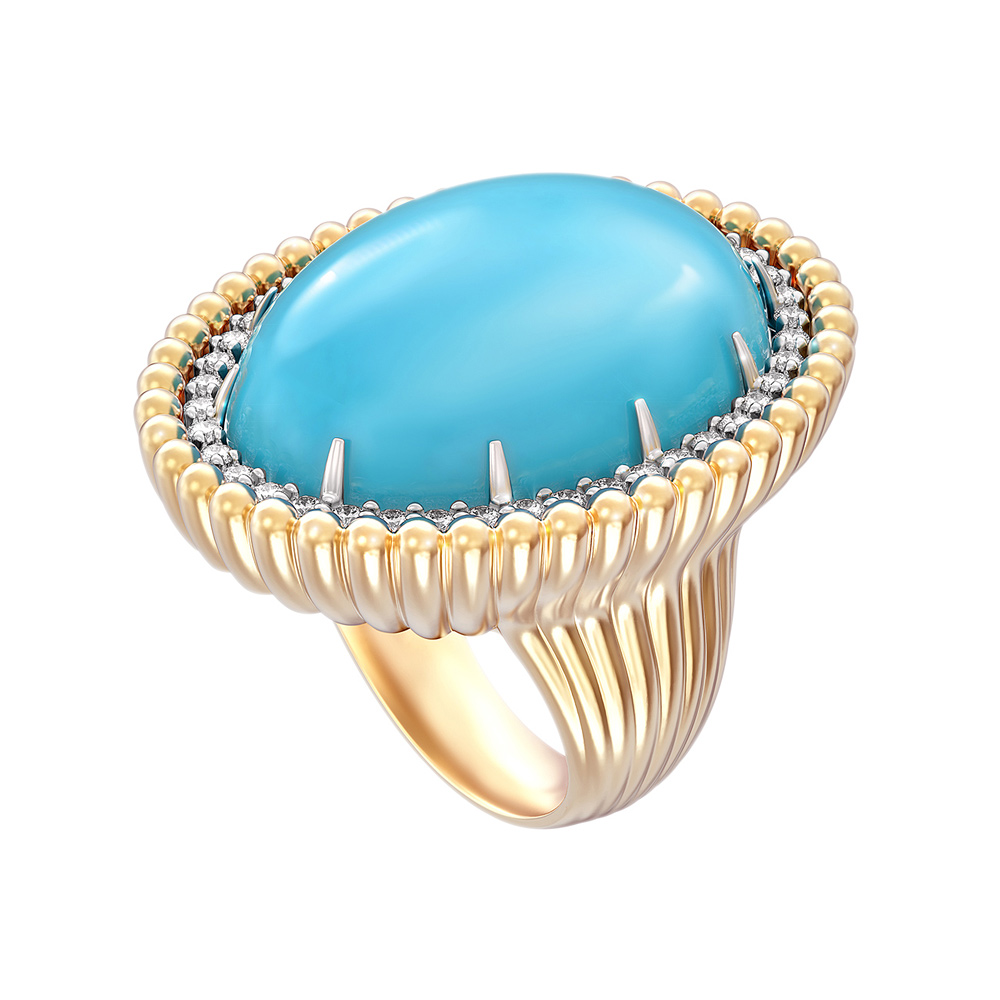 Кольцо с бирюзой и бриллиантами из желтого золота 750 пробы — Flymi.ru