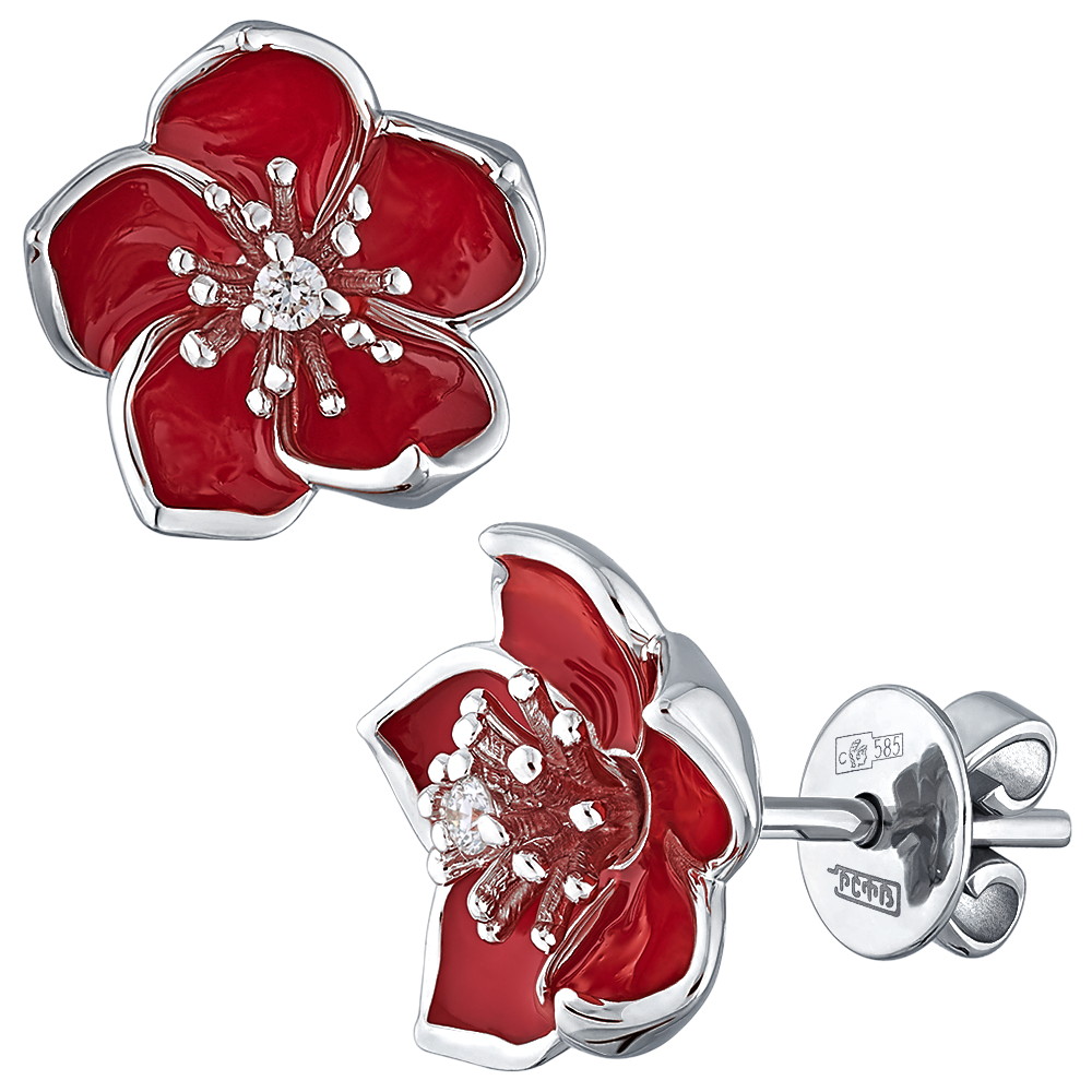 Пусеты «Сакура» с бриллиантами из белого золота 585 пробы — Flymi.ru