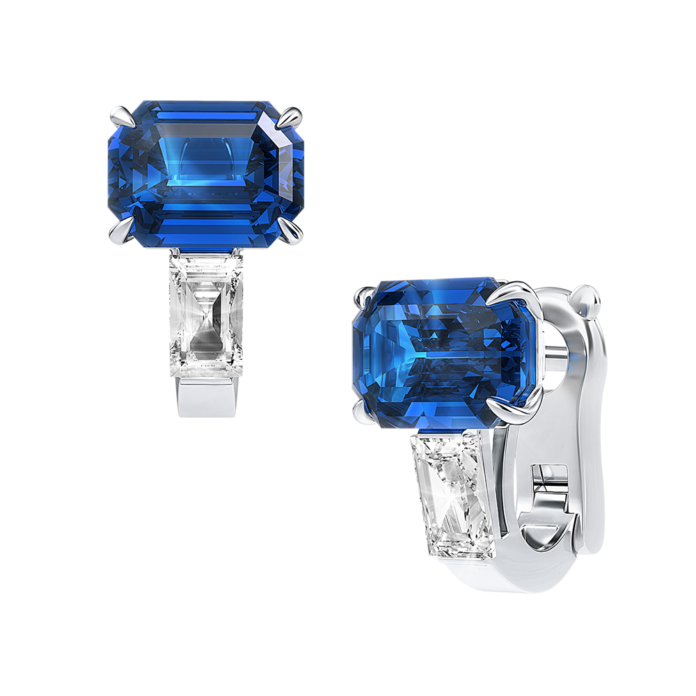 Серьги огранка «Октагон» с сапфирами и бриллиантами из белого золота 750 пробы — Flymi.ru