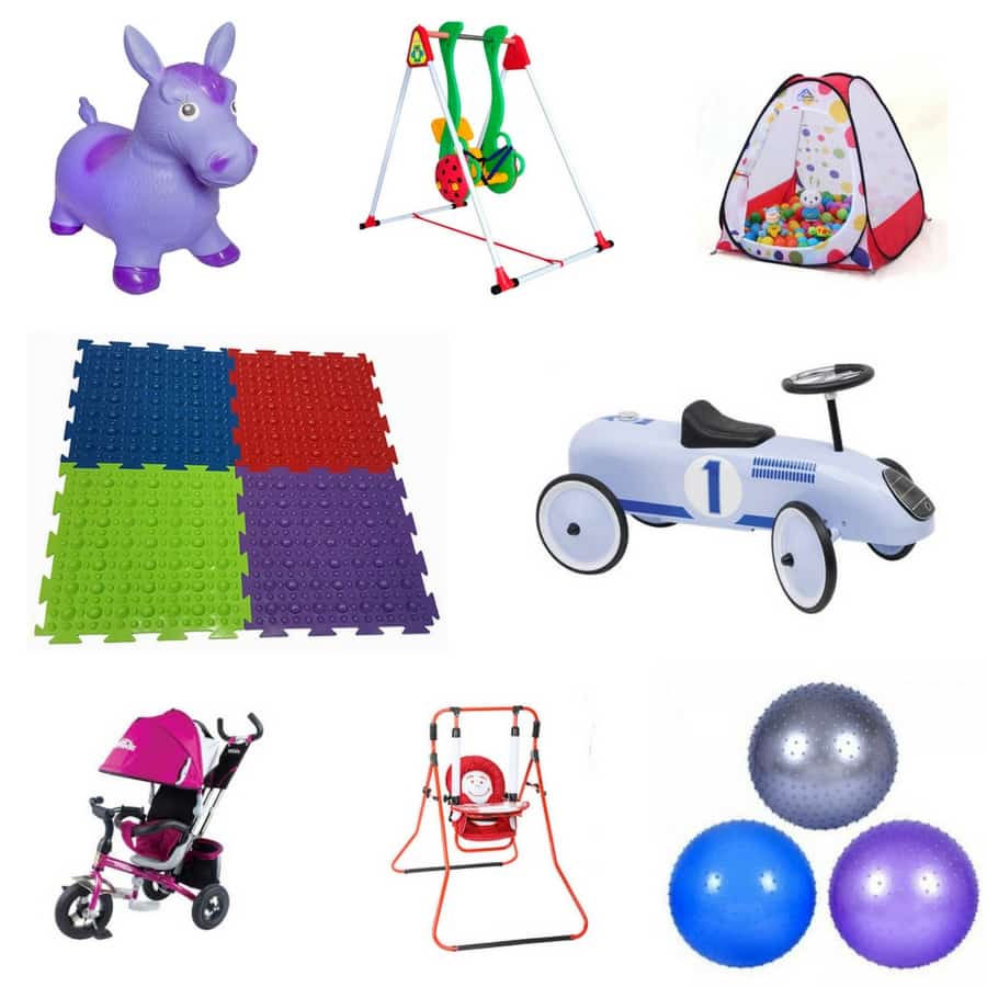 Массажный резиновый мячик, велосипед с ручной, качельки, массажный коврик с разными покрытиями, игровой домик, автомобиль