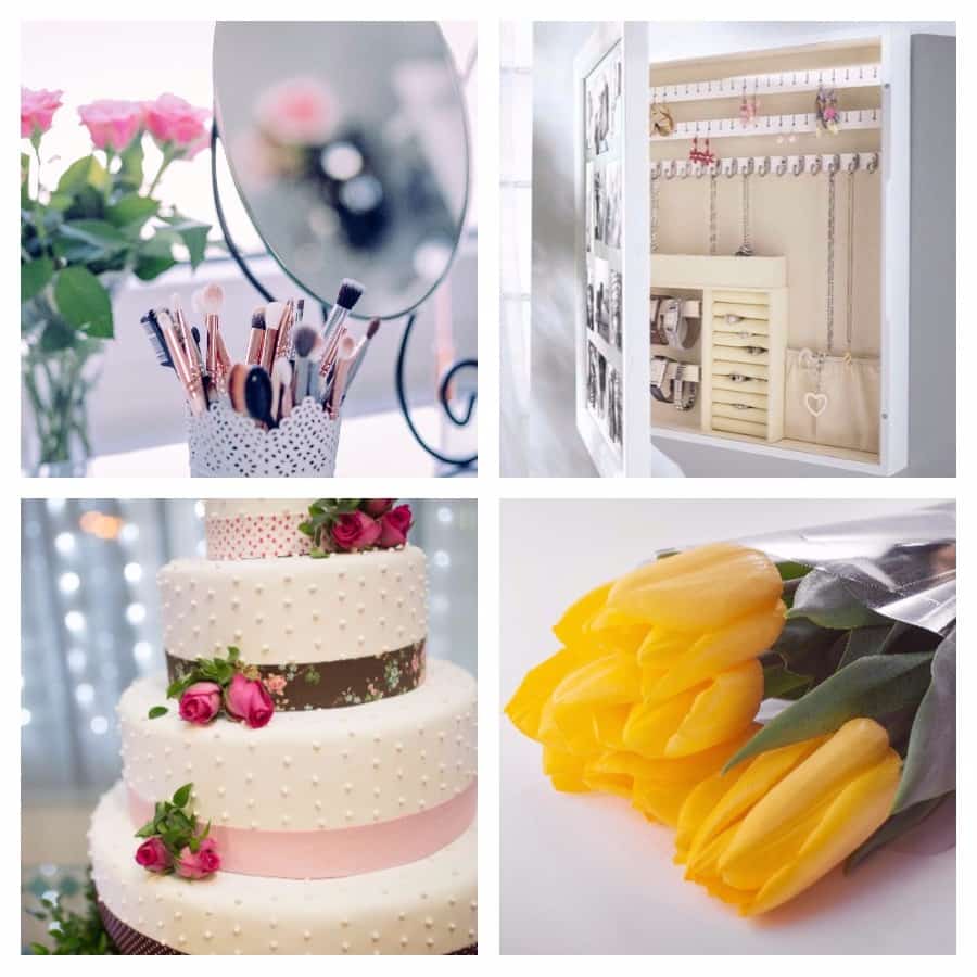 Букет эксклюзивных цветов, шкатулка для хранения украшений или кисти для макияжа - приятные подарки, которые можно дополнить изысканным тортом.
