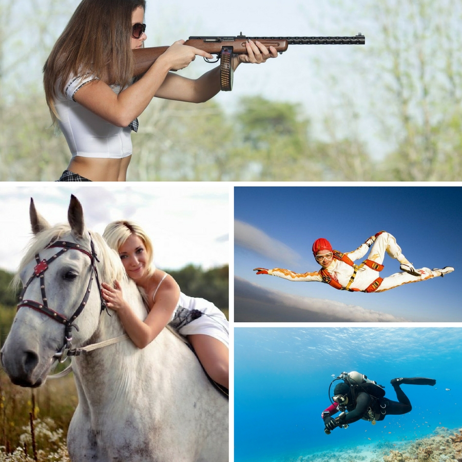 Активный отдых. Сертификат или поход в конный клуб, прыжок с парашютом, стрельбище или уроки дайвинга.