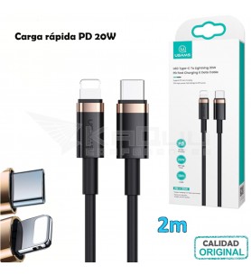 Cable carga rápida PD y datos Tipo-C a Lightning (iPhone) 20W 2m NEGRO