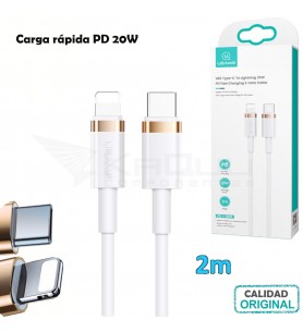 Cable carga rápida PD y datos Tipo-C a Lightning (iPhone) 20W 2m BLANCO