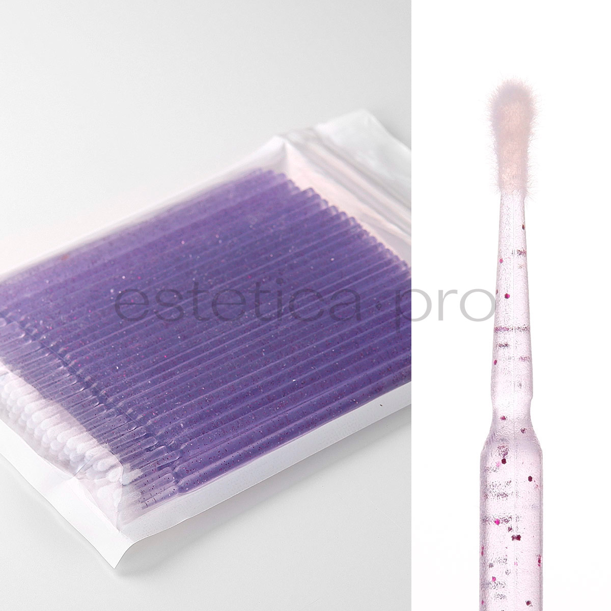 Микробраши-пакет, 100 шт (фиолетовые с блестящей ручкой)