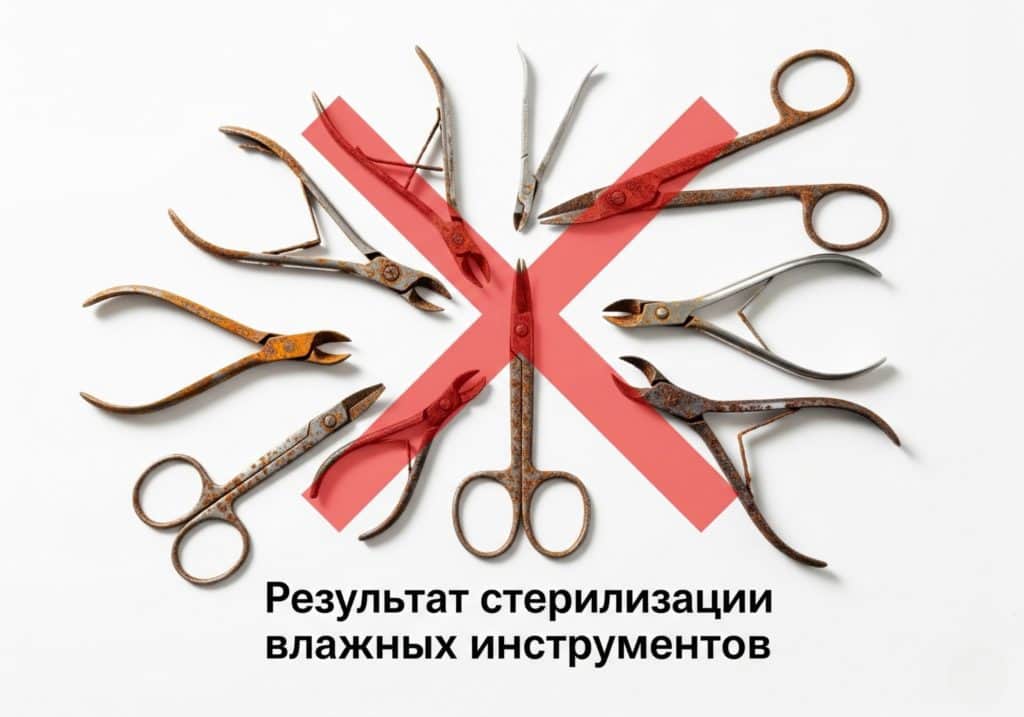 Ошибка стерилизации: ржавые и испорченные маникюрные инструменты после обработки во влажном виде