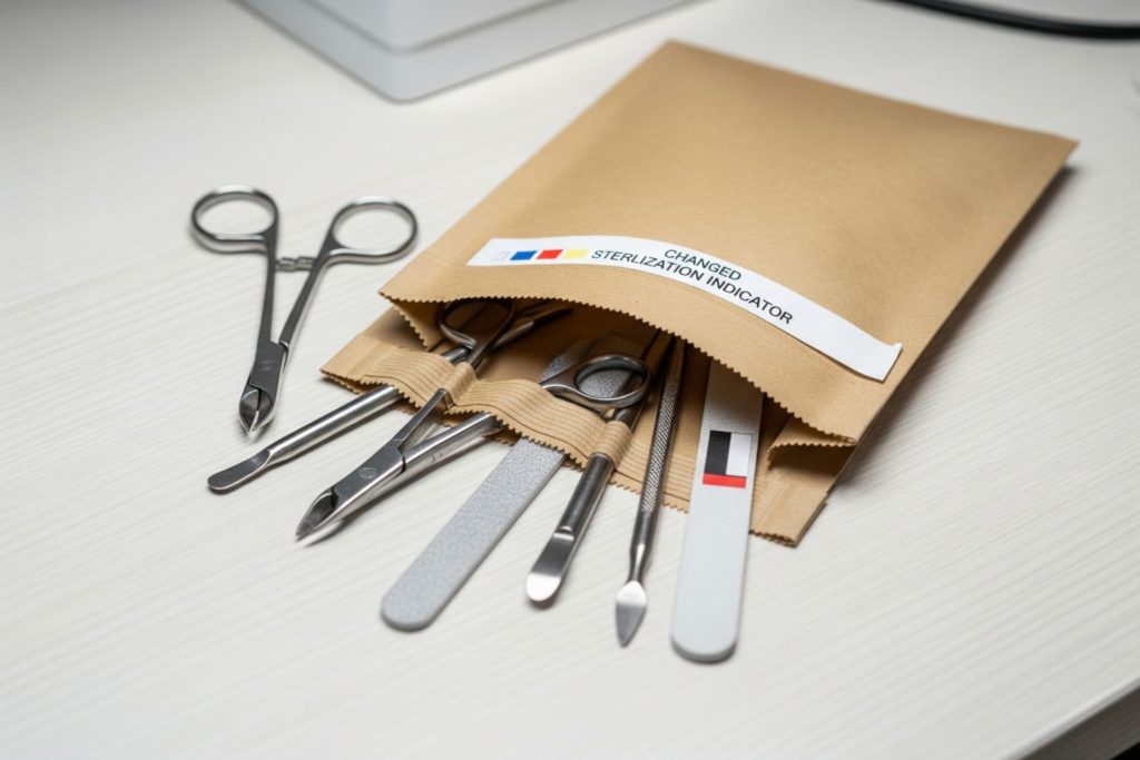 Стерильные инструменты для маникюра в раскрытом крафт-пакете с изменившимся индикатором стерильности на столе мастера.