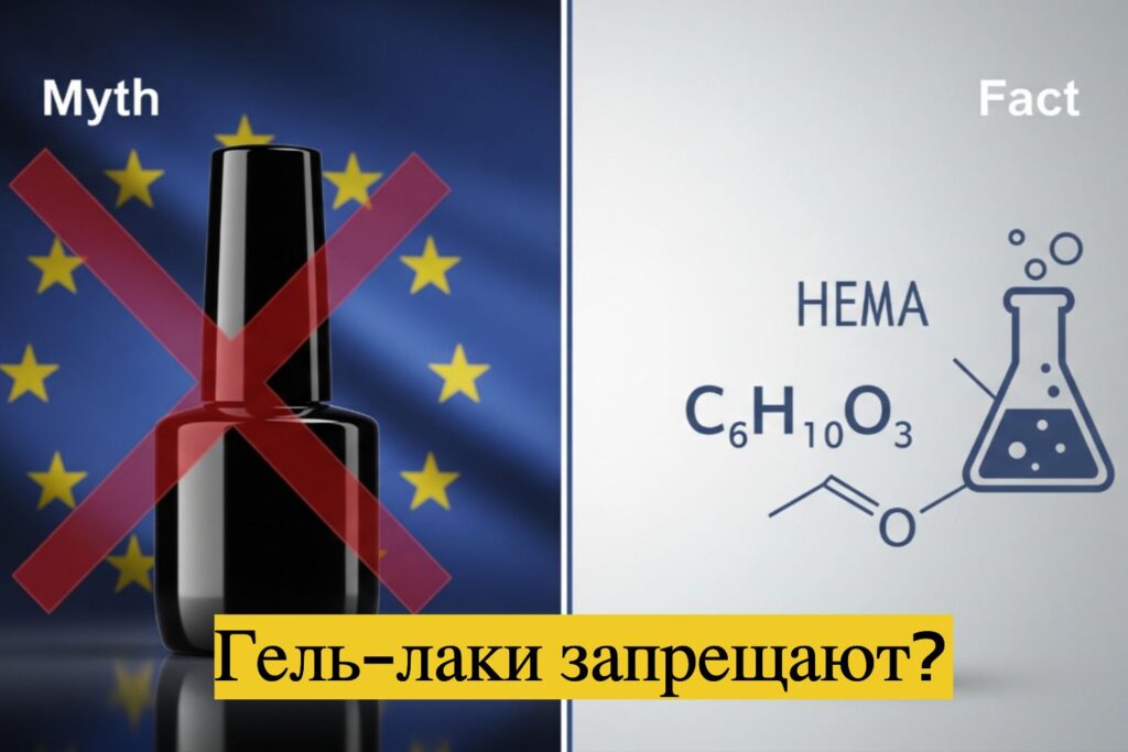 равда и мифы о запрете гель-лаков в Европе: коллаж, сравнивающий панику с реальным регламентом ЕС