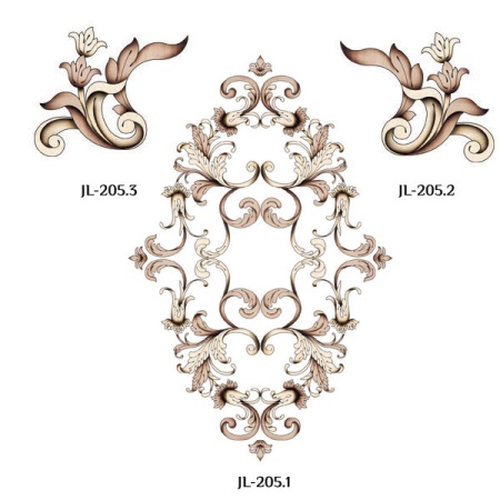 Сочетание переводной декоративной наклейки для мебели JL 205.1 с аналогичными наклейками других размеров.