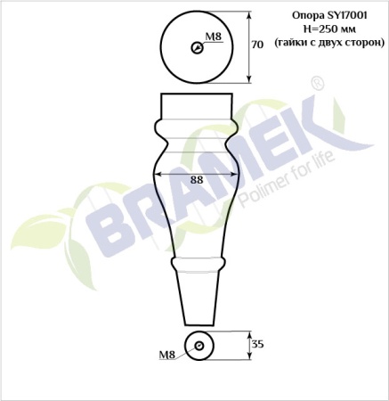 Мебельная опора SY 17001 схематичное изображение с указанием размеров.