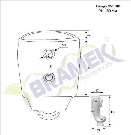Мебельная опора SY 15110 схематичное изображение с указанием размеров.