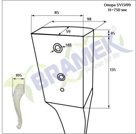 Мебельная опора SY 13199 схематичное изображение с указанием размеров.