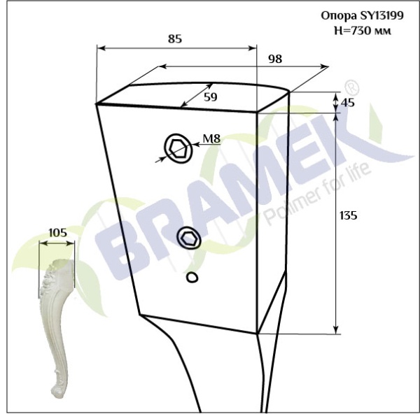 Мебельная опора SY 13199 схематичное изображение с указанием размеров.