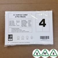 A4 Perm Self Adhesive Labels - White - 4 to a sheet, rounded corners. Pack of 100 Sheets.