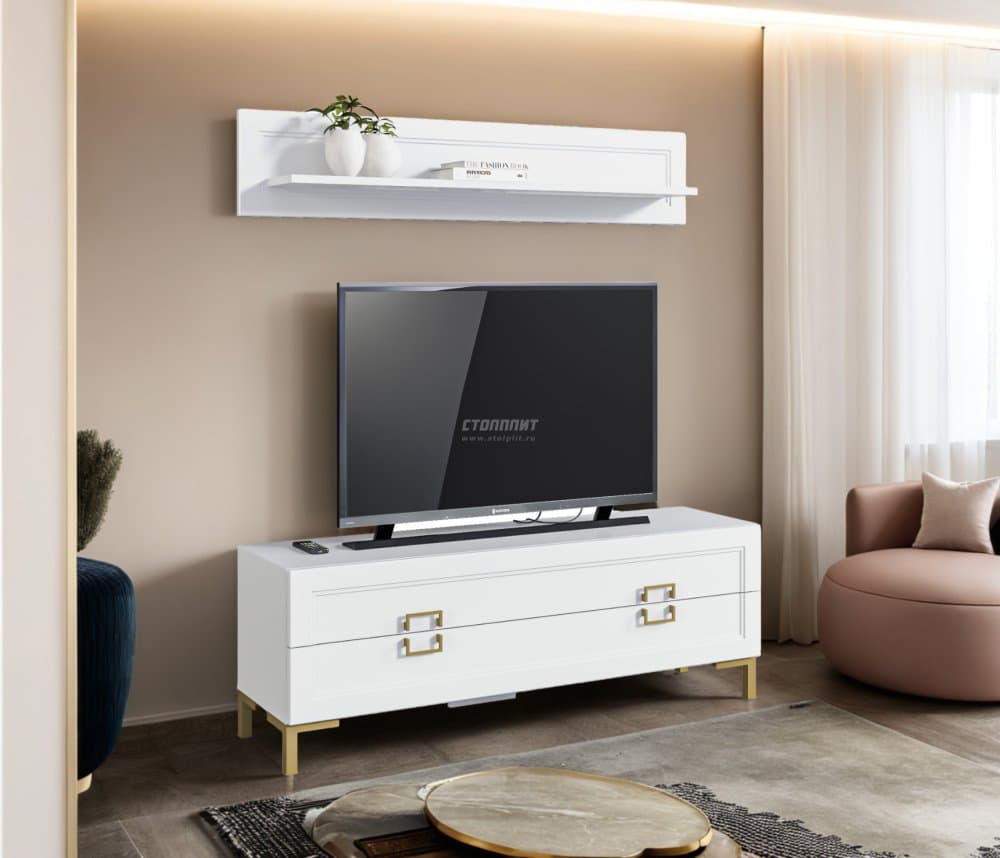 Комплект для гостиной, тумба ТВ и полка, Белый