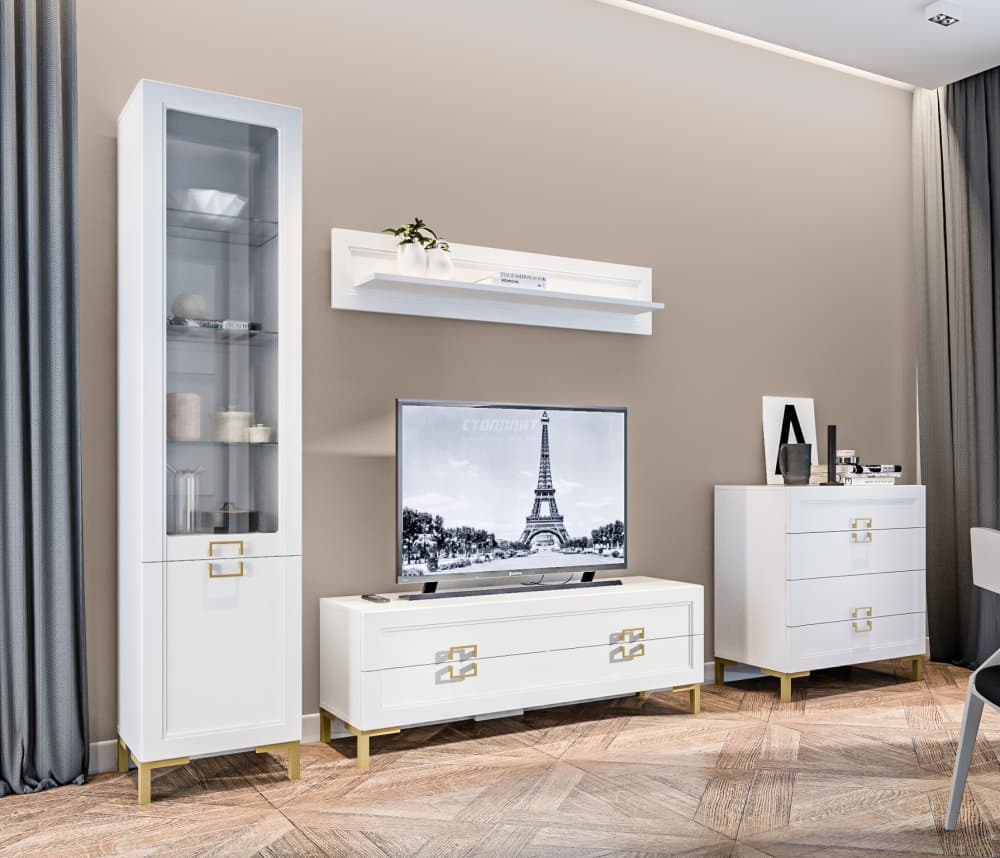 Комплект для гостиной с комодом Ассоль Белый/МДФ Белый