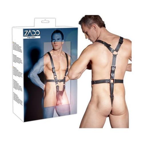 abbigliamento BDSM uomo-Harness in pelle per uomo taglia S/M con sacca showmaster per pene e testicoli-LaChatte.it