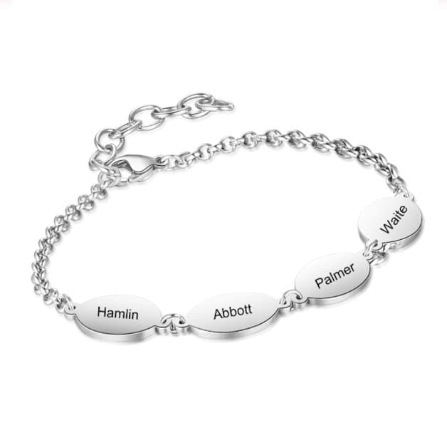 Bracelet femme personnalisé 4 prénoms, avec médaillons ronds, argent