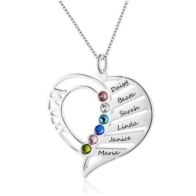 Ogrlica Žena personalizirano srce Mama Dizajn 6 imena Srebrna boja